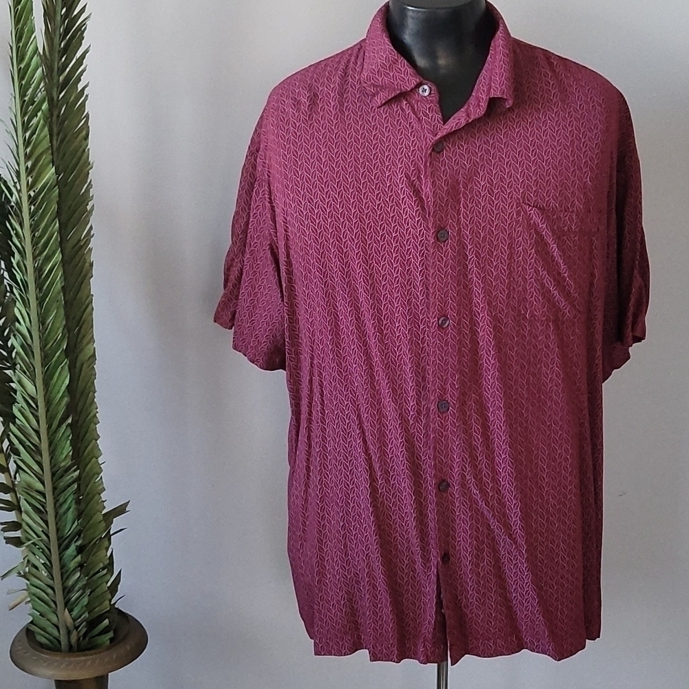 Toscano maroon with white print button down shirt
